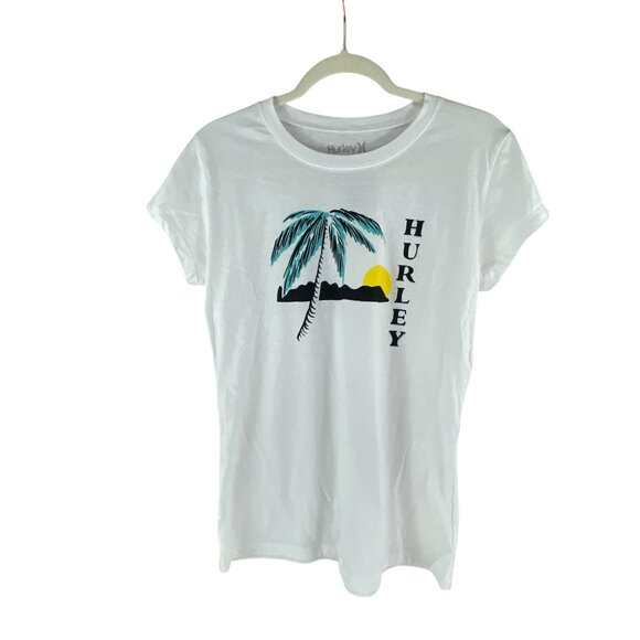 Hurley Palm Tree Print Tee White Size L Short Sleeves Casual Summer Cotton Blend - Picture 2 of 6